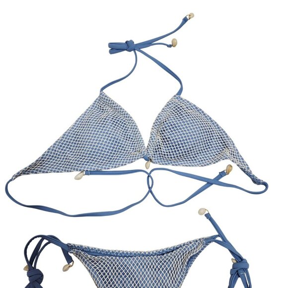 Blue & White Zaful Womens Bikini Set Size S Tie Closures Mesh Overlay Design - Picture 5 of 5